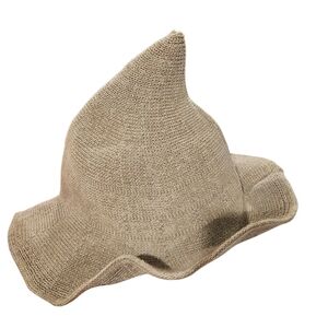 Knitted khaki/beige wool blend witch hat with a wide, shapable brim.